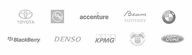clients include Toyota, AAM, accenture, Beam Suntory, BMW, BlackBerry, DENSO, KPMG, USA Social Security Administration, Ford Motor Company